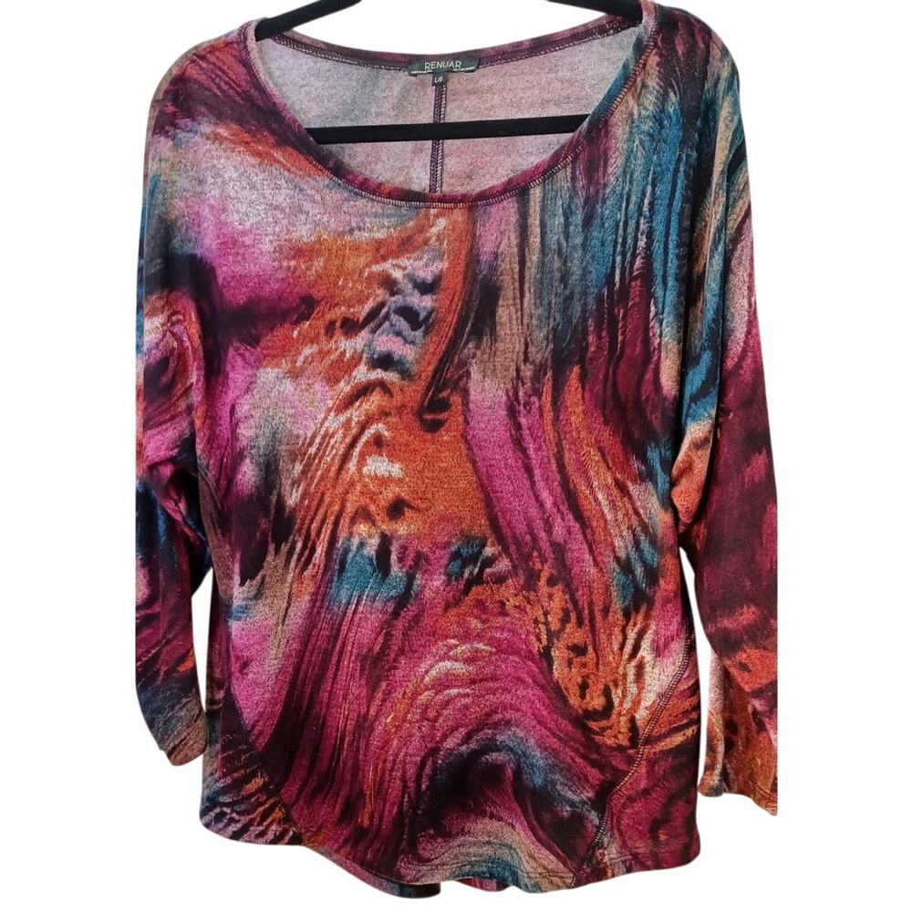 Renuar Abstract Swirl Top Multicolored Long Sleeve Blouse Size Large Artsy Boho